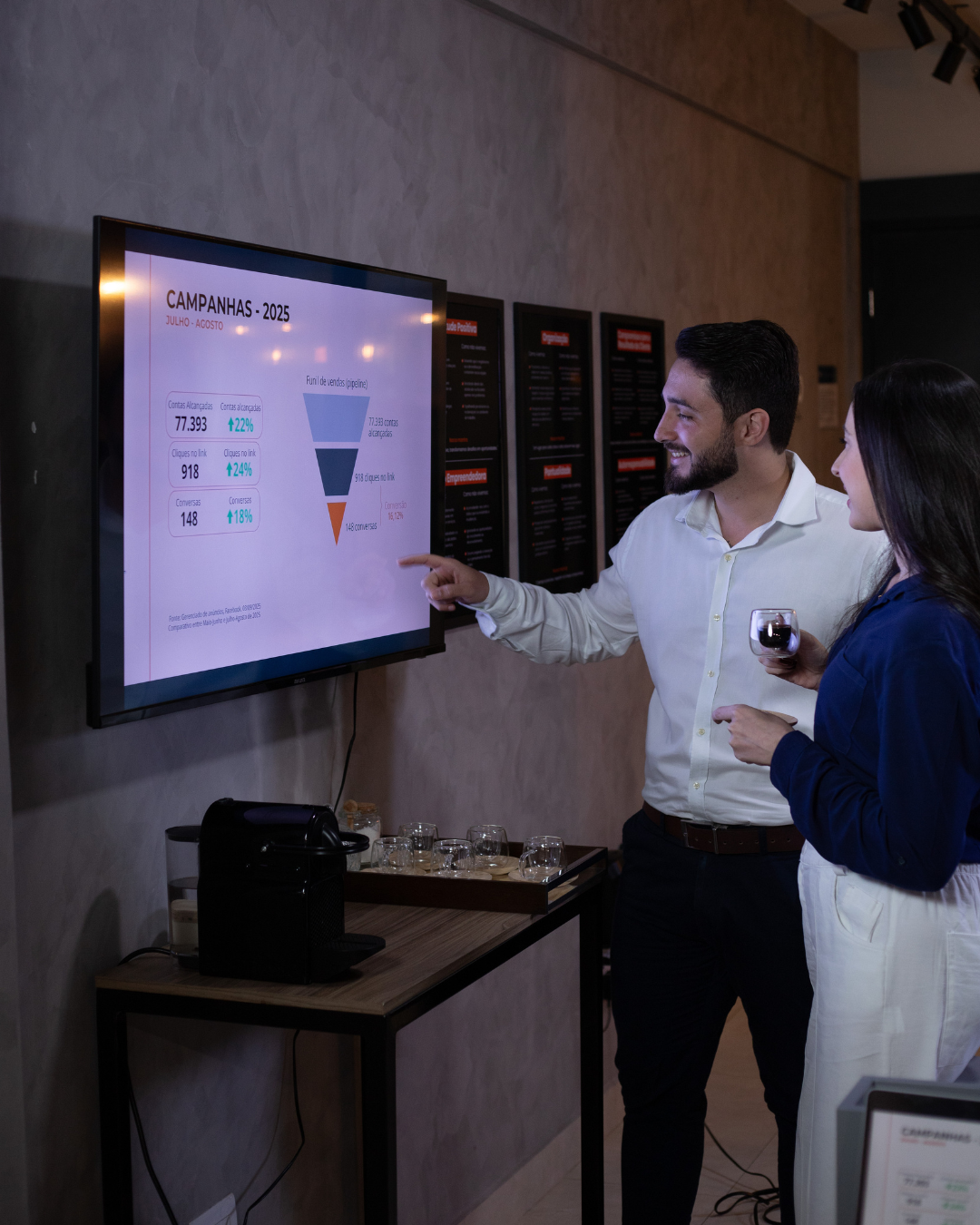 Victor Bartholomeu e Jacimara Floresta, fundadores da VIJAY, analisando resultados de campanha